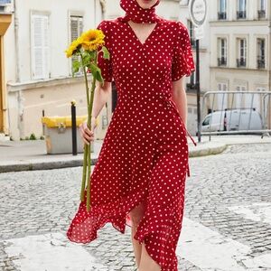 10 Momme Mulberry Silk Polka Dots Print Wrapped Ruffle Women Midi Dress - xxs